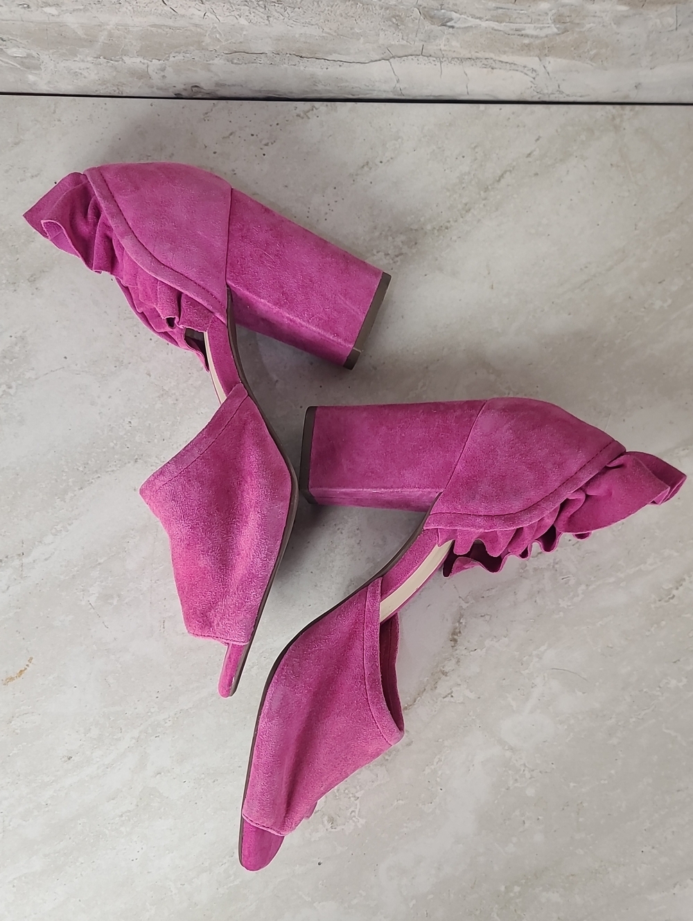 Seychelles TROPICAL Liendo Pink Suede Open-Toe Ruffle Block Heel Sandals 10 - Picture 10 of 13